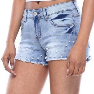 Pearl Accent Frayed Hem Denim Short